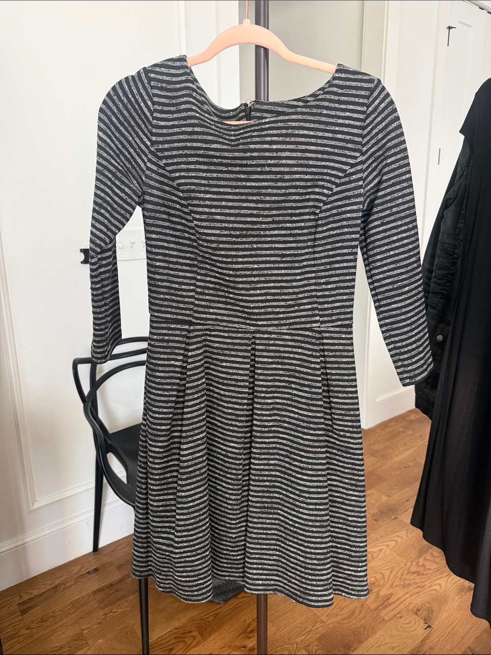 Merona Black and Gray Striped Long-Sleeve Fit-and-Flare Dress
